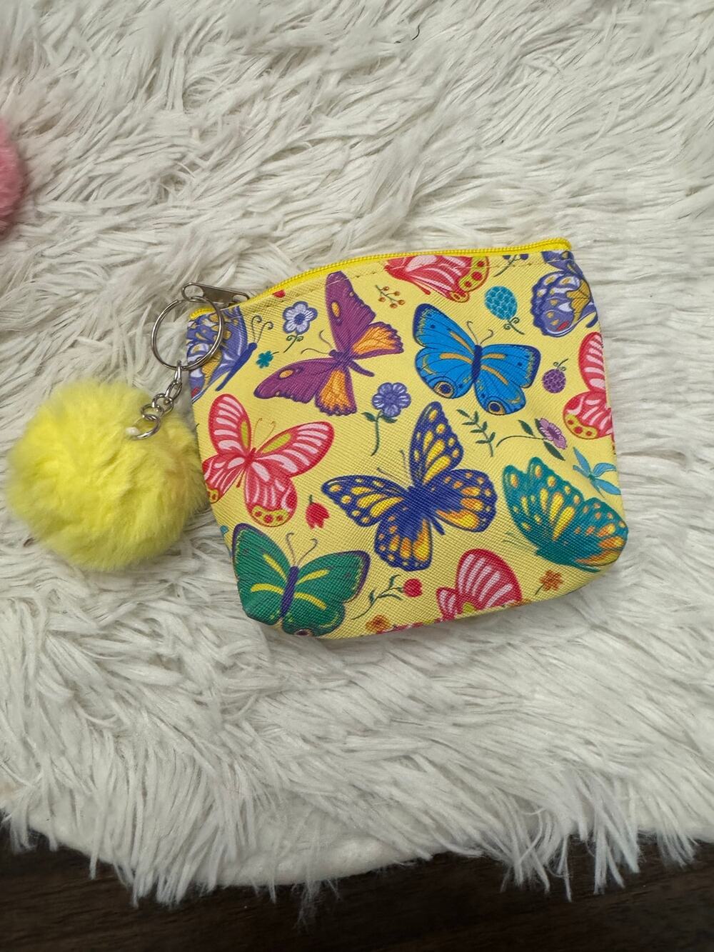 Yellow butterfly coin purse Pompom keychain  multicolored butterflies flowers